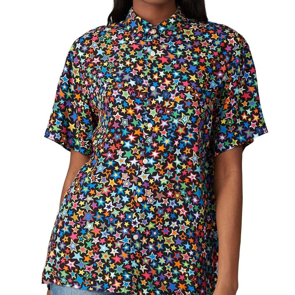 R13 Tony Black Multi-Color Star Print Button Down  Shirt Women's SzL  Luxury AOP
